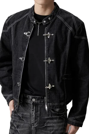 Men Streetwear Fashion Hip Hop Loose Casual Vintage Stand Collar Metal Plane Buckle Short Denim Jacket Spring Autumn Jeans Coat