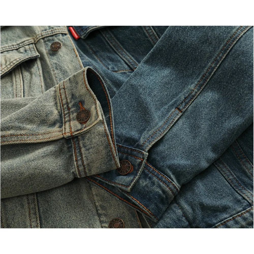 100% Cotton Contrast Color Splicing Lapel Denim Jacket Men's Retro Heavy Industry Washed Distressed Workwear Jacket Top - Image 4