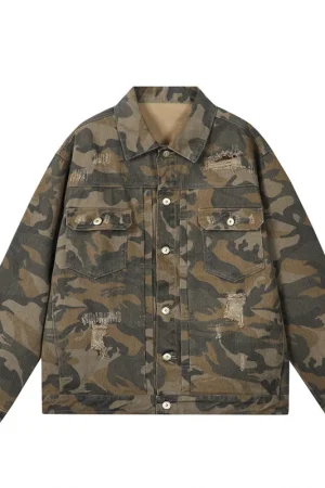 Spring Autumn American Style Denim Jacket Men Fashion Hole Camouflage Turn Down Collar Loose Outerwear Men Casual Denim Jackets