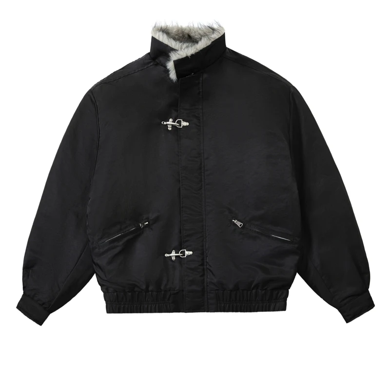 Inner Fur Thicken Warm Bomber Jacket Men Women American Plane Buckle Vintage Fashion Stand Collar Parkas Jacket Winter Coat