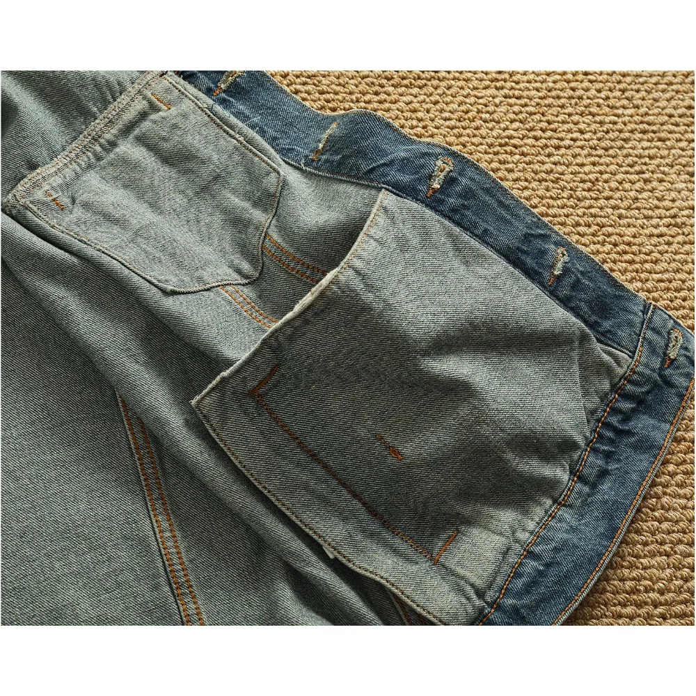 100% Cotton Contrast Color Splicing Lapel Denim Jacket Men's Retro Heavy Industry Washed Distressed Workwear Jacket Top - Image 5