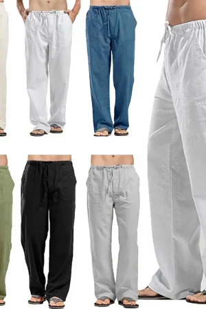 Men's Cotton Linen Pants Summer Solid Color Breathable Linen Trousers Male Casual Elastic Waist Fitness Pants