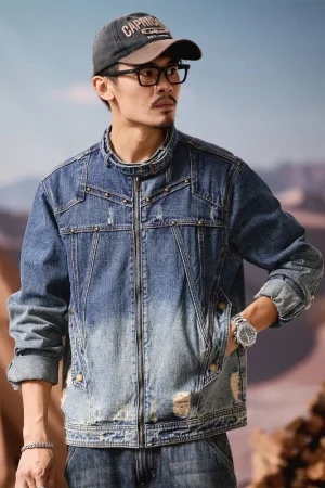 2025 American Style Retro Color Motorcycle Denim Jacket Men's Spring and Autumn Personalized Splicing Stand Up Collar Denim Jack - Retro Blue, L