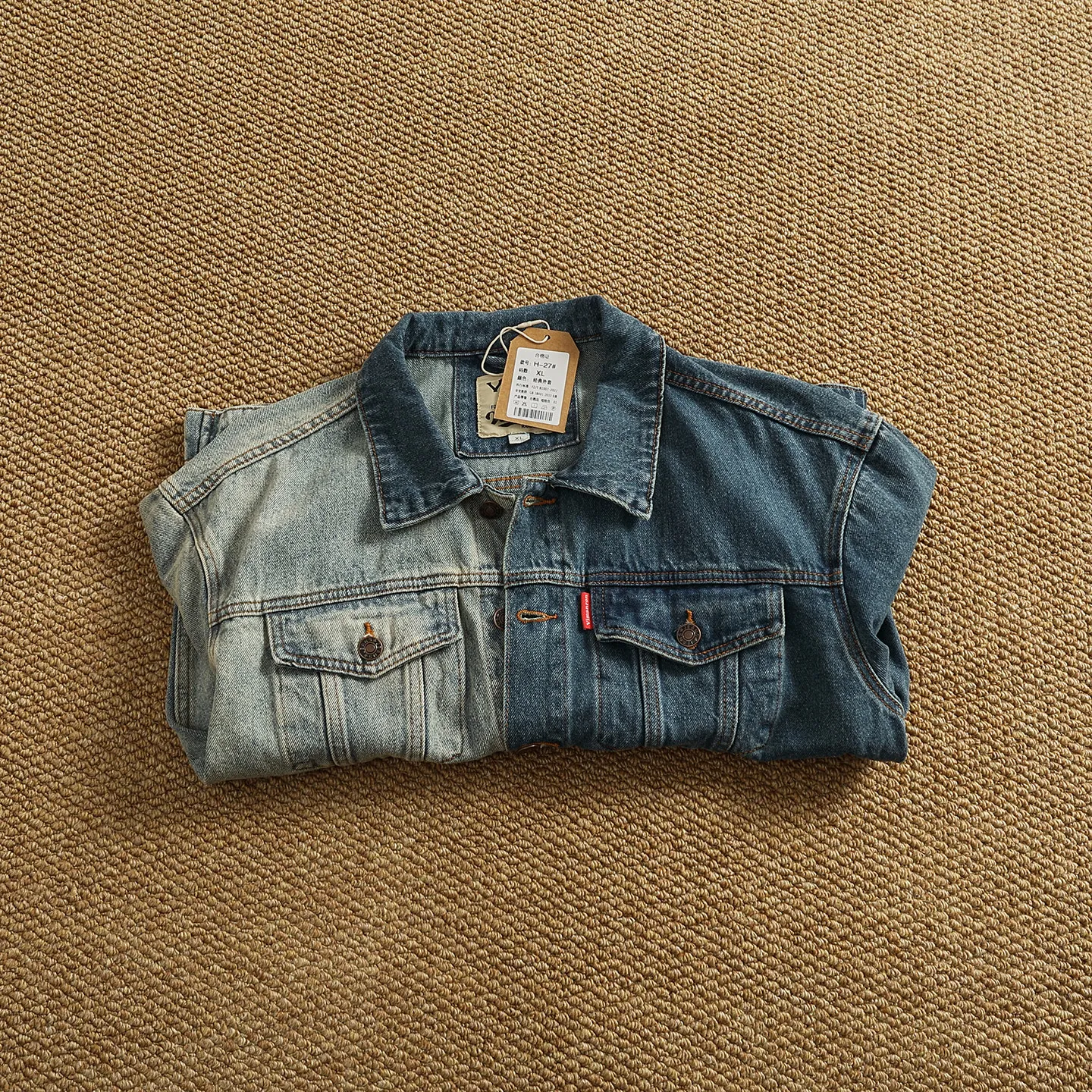 100% Cotton Contrast Color Splicing Lapel Denim Jacket Men's Retro Heavy Industry Washed Distressed Workwear Jacket Top - Image 3