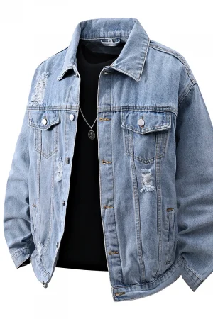 Spring Loose Denim Jacket Men Cotton Hole Casual Coat Preppy Style Harajuku Streetwear Denim Outwear Male Chic Jackets Plus Size