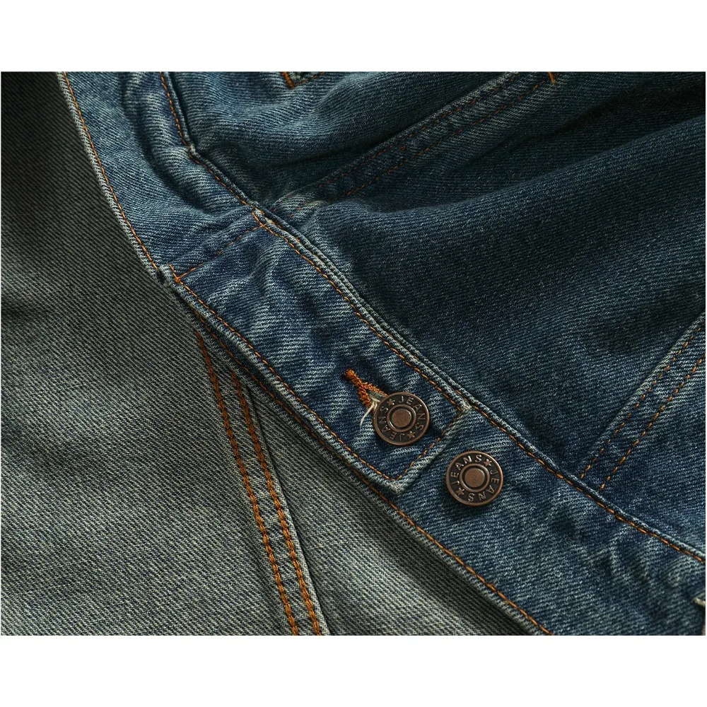 100% Cotton Contrast Color Splicing Lapel Denim Jacket Men's Retro Heavy Industry Washed Distressed Workwear Jacket Top - Image 6