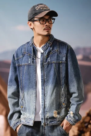 2025 American Style Retro Color Motorcycle Denim Jacket Men's Spring and Autumn Personalized Splicing Stand Up Collar Denim Jack