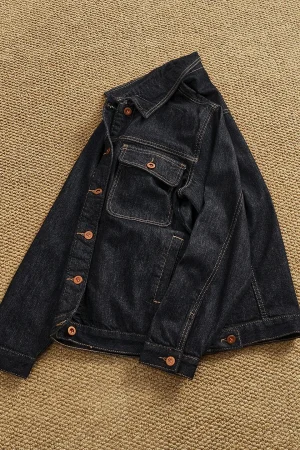Heavyweight original color denim jacket men's straight fit lapel work jacket high street retro top